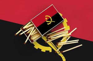 Angola flag is shown on an open matchbox, from which several matches fall and lies on a large flag photo