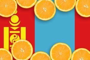 Mongolia flag in citrus fruit slices horizontal frame photo