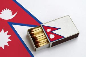 Nepal flag is shown in an open matchbox, which is filled with matches and lies on a large flag photo