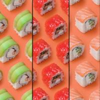 Collage with Different types of asian sushi rolls on orange background. Minimalism top view flat lay pattern with Japanese food photo