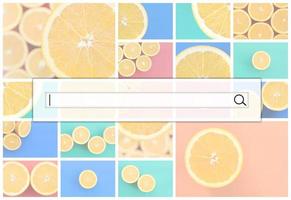 Visualization of the search bar on the background of a collage of many pictures with juicy oranges. Set of images with fruits on backgrounds of different colors photo