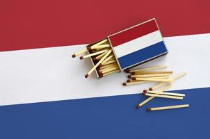 Netherlands flag is shown on an open matchbox, from which several matches fall and lies on a large flag photo