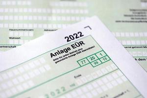 Anlage EUR - German 2022 Profit and Loss Statement and Asset List or Working Capital Statement close up. The concept of taxation and accountant paperwork Germany photo