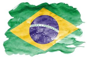 Brazil flag is depicted in liquid watercolor style isolated on white background photo