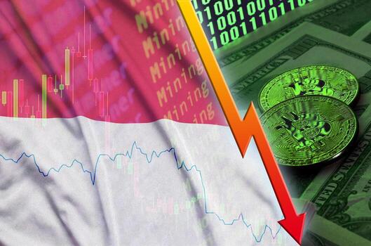 bandera de indonesia y tendencia descendente de criptomonedas con dos bitcoins en billetes de dólar y visualización de código binario foto