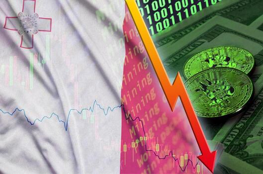 bandera de malta y tendencia descendente de criptomonedas con dos bitcoins en billetes de dólar y visualización de código binario foto