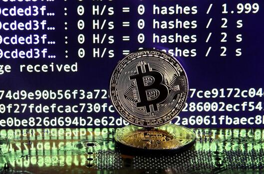 Two bitcoins lies on a videocard surface with background of screen display of cryptocurrency mining by using the GPUs photo