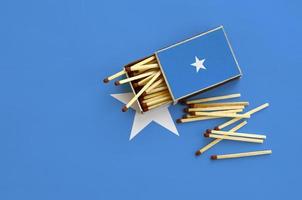 Somalia flag is shown on an open matchbox, from which several matches fall and lies on a large flag photo