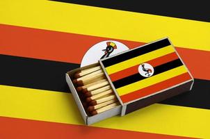 Uganda flag is shown in an open matchbox, which is filled with matches and lies on a large flag photo