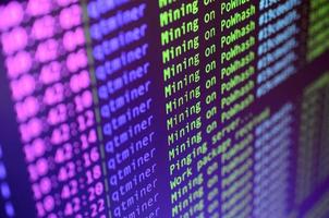 Macro snapshot of the program interface for crypto currency mining on the monitor of an office computer. The concept of mining bitcoins. The flow of information strings and data photo