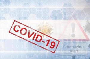 Argentina flag and futuristic digital abstract composition with Covid-19 stamp. Coronavirus outbreak concept photo