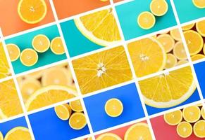 A collage of many pictures with juicy oranges. Set of images with fruits and different colors photo