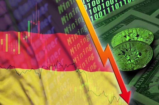 bandera de alemania y tendencia de caída de criptomonedas con dos bitcoins en billetes de dólar y visualización de código binario foto