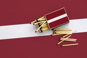 Latvia flag is shown on an open matchbox, from which several matches fall and lies on a large flag photo