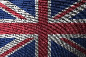 Great britain flag is depicted on the screen with the program code. The concept of modern technology and site development photo