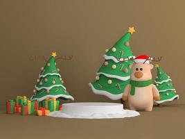 Abstract Christmas background with reindeer, brown color ,podium design for showcase or product display , 3d rendering. photo