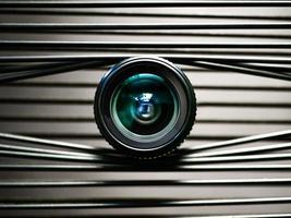 A close-up of a camera lens on elastic plastic strips creating an eye photo