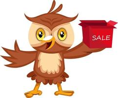 Owl with sale box, illustration, vector on white background.