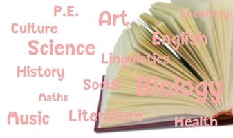 text of subjects in school in front of blurred open book photo