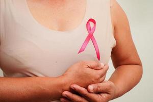 Asian woman with pink ribbon, World Breast Cancer Day at October. photo