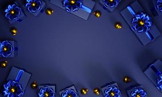 top view background with blue gift box and gold christmas decoration on 3d rendering photo