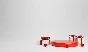 3d red podium with white gift box for product presentation on white background. 3d rendering illustration photo
