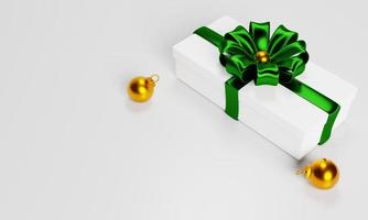 white gift box with green ribbon on 3d rendering. 3d render gift box with christmas decoration photo