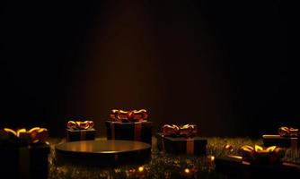 Escena de podio de representación 3d con poca luz con decoración navideña y caja de regalo. concepto de navidad en render 3d foto