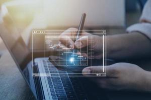 Analyst working with computer in Business Analytics and Data Management System to make report with KPI and metrics connected to database. Corporate strategy for finance, operations, sales, marketing photo