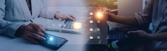 Document management system concept, business man holding folder and document icon software, searching and managing files online document database, for efficient archiving and company data. photo