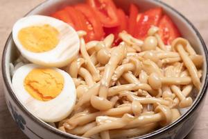 Sauteed Mushrooms with Boiled Eggs and Tomatoes Healthy Food photo