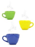 color cup with hot drink on white background photo