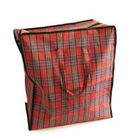 Red tartan bag isolated on white photo