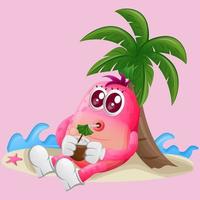 lindo monstruo rosado bebe agua de coco bajo una palmera en el verano vector