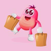 Cute pink monster happy shopping vector