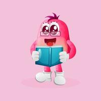 Cute pink monster reading a book vector