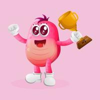 Cute pink monster winning award and celebrating success vector