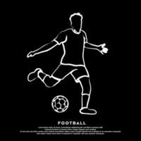 arte de línea blanca vectorial del jugador de fútbol pateando una pelota libre aislada en fondo negro vector