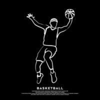 arte lineal del jugador de baloncesto profesional saltando slam dunk una pelota aislada en fondo negro vector