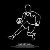 arte lineal de un jugador profesional de baloncesto regateando una pelota aislada en el fondo negro vector