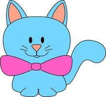 Blue cat with pink bow tie, illustration, vector on white background.