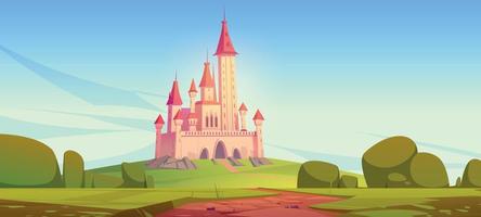 Road to fairy tale royal castle on green hill vector