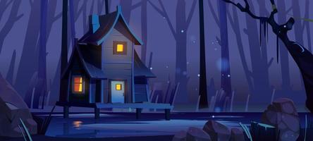 casa sobre pilotes de madera en un bosque profundo por la noche
