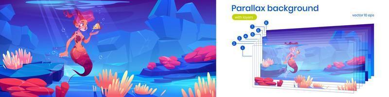 Parallax background with cute mermaid and fish vector