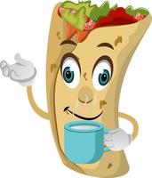 Burrito with coffee, illustration, vector on white background.