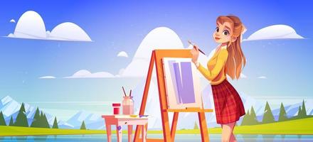 Girl painter with easel on lake shore on plein air vector