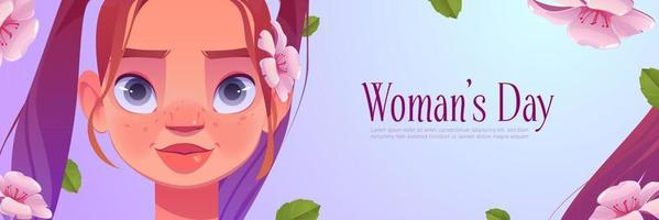 Womens day poster with pretty girl and flowers vector
