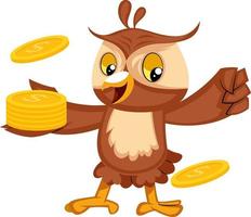 Owl with coins, illustration, vector on white background.