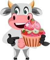 Cow with cake, illustration, vector on white background.