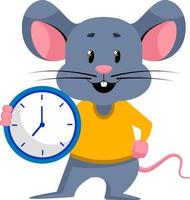 Ratón con reloj, ilustración, vector sobre fondo blanco.